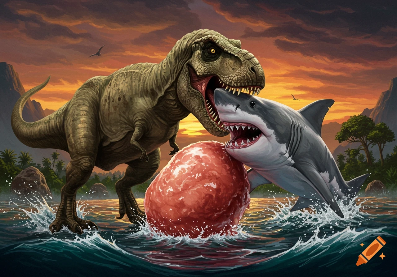 A T-Rex and a shark wrestle over a large red meatball in water with a sunset background, digital art.