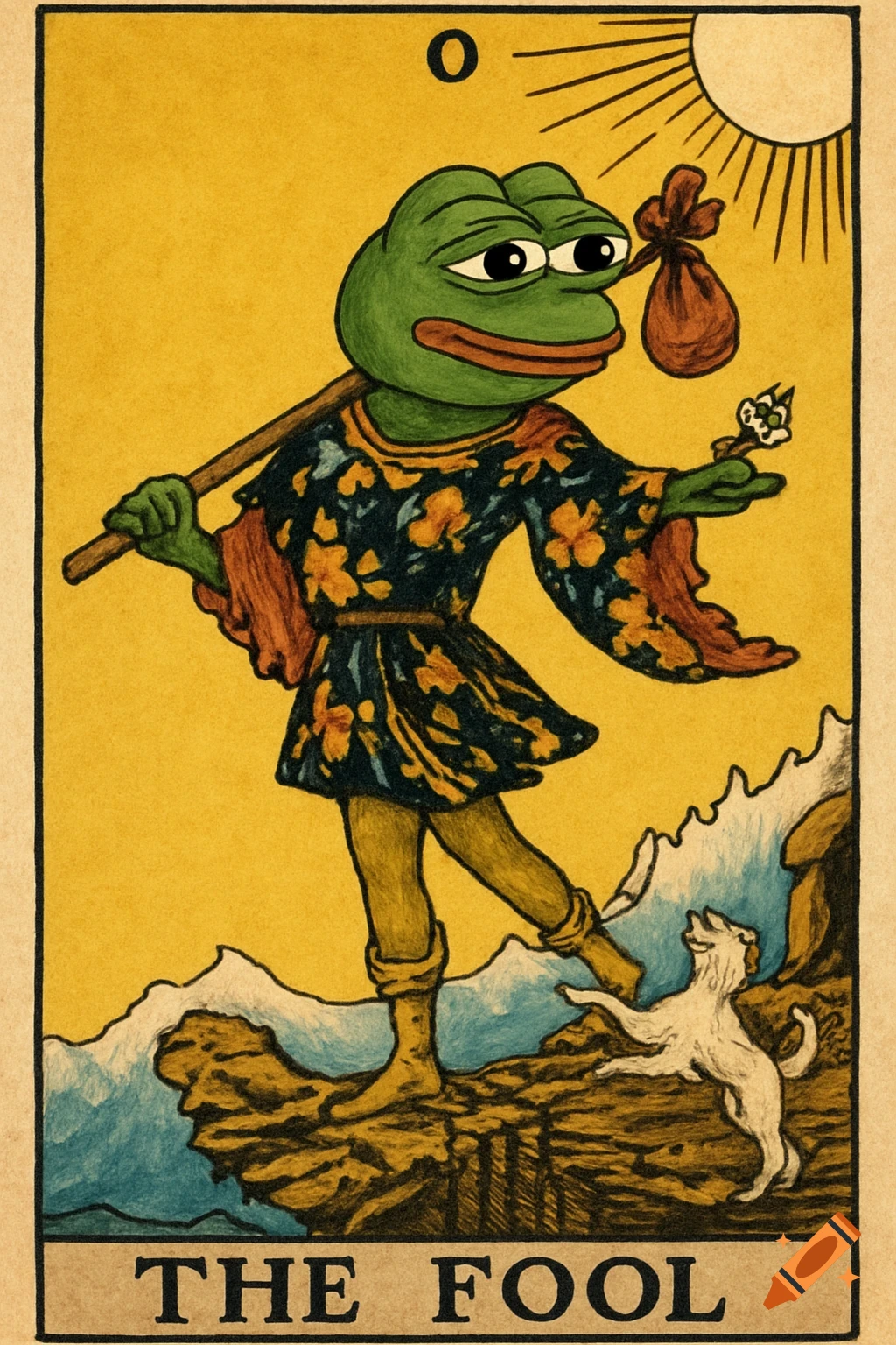 Pepe the Frog depicted as The Fool tarot card, walking on a cliff edge with a staff, bag, and flower, a small white dog leaping below, with the sun in the corner. The card is numbered 'O' and titled 'THE FOOL'.