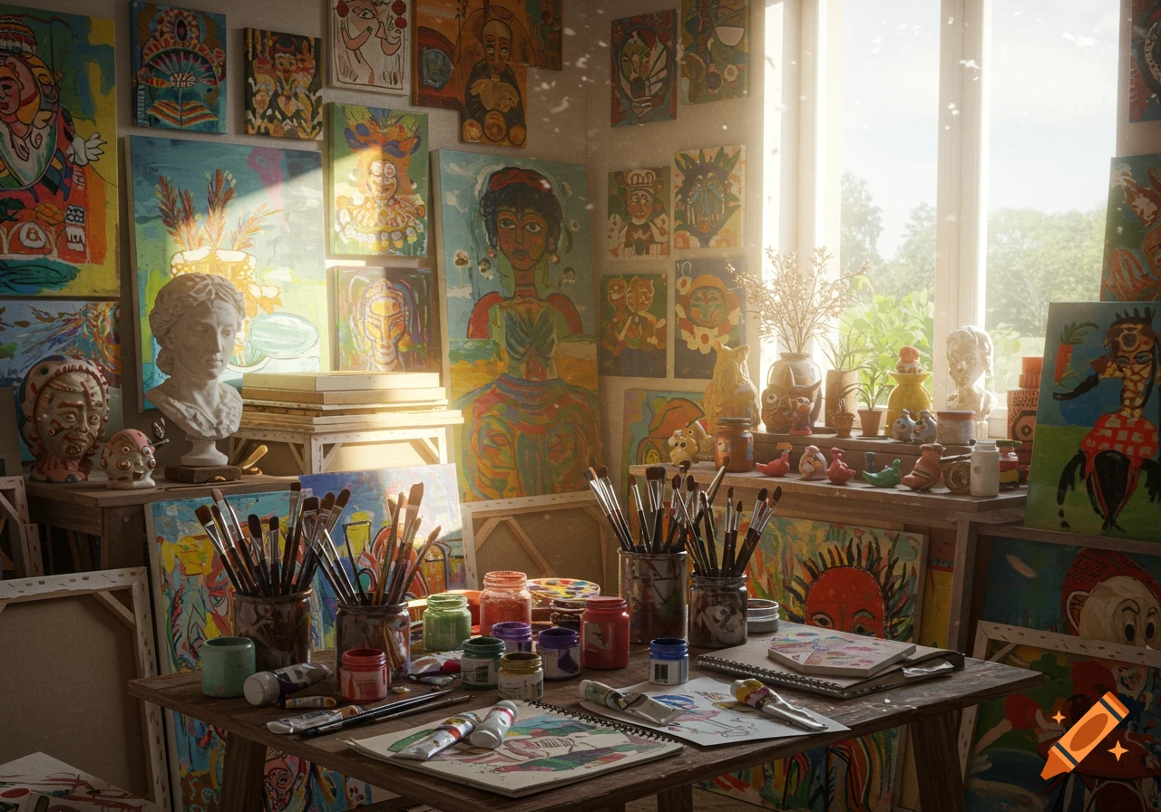 A vibrant artist's studio filled with colorful paintings, paint brushes, paints, and art supplies on a sunlit table.