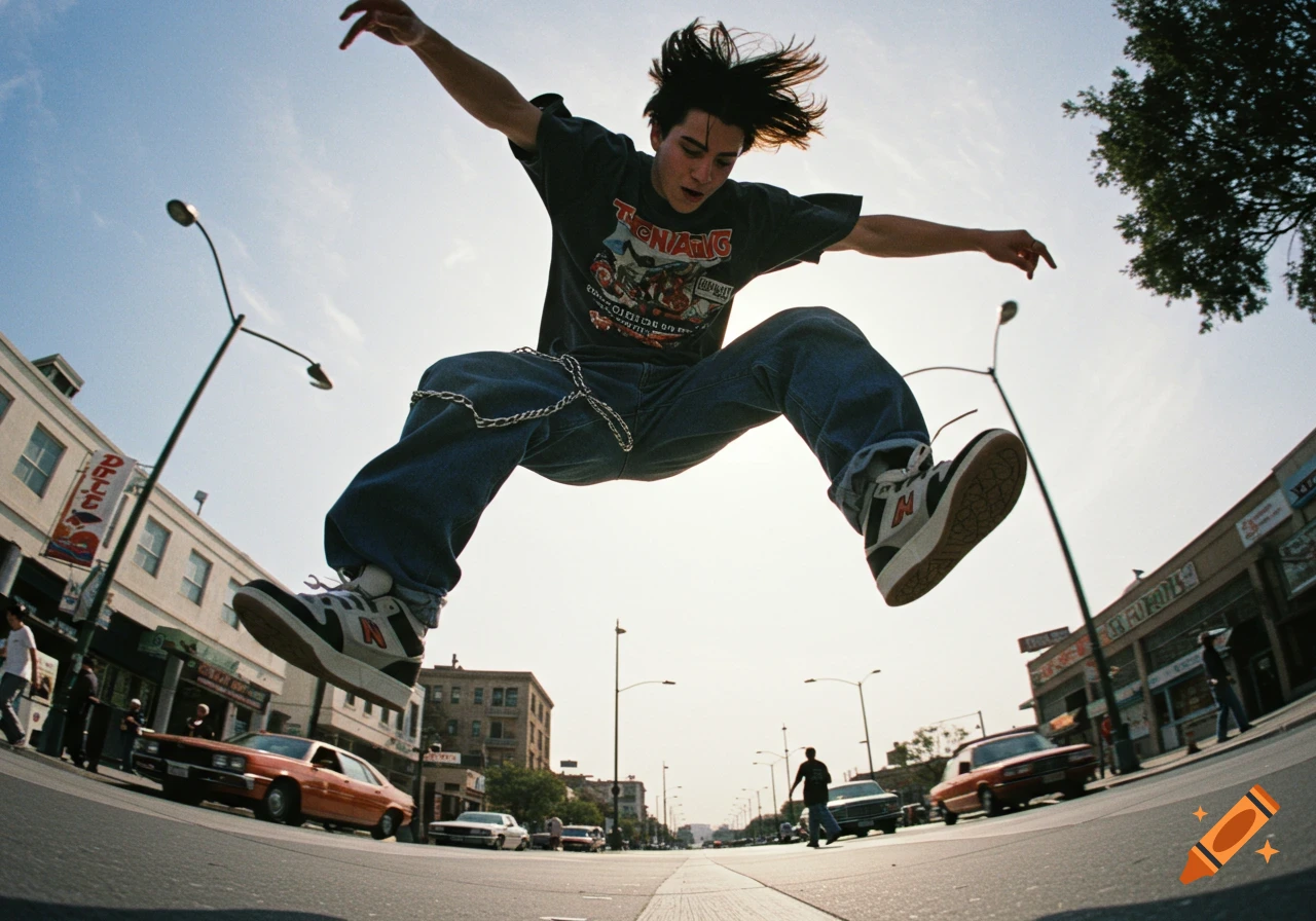 A young man with windswept hair jumps high in the air on a city street, wearing a graphic tee, baggy jeans, and chunky sneakers. The street below has retro cars and pedestrians, viewed with a wide-angle lens in bright daylight.