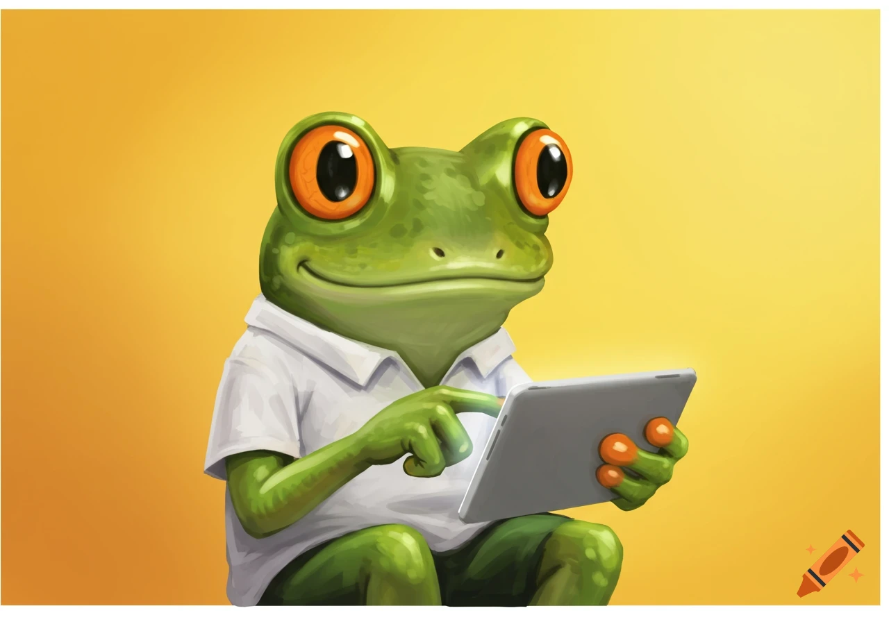 A cartoon frog wearing a white shirt holds and taps on a grey tablet against a yellow background.