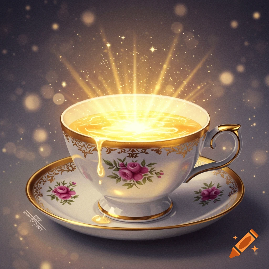A porcelain teacup with gold trim and pink roses, filled with glowing yellow liquid that radiates light and spills over, set on a matching saucer amidst magical sparkles.