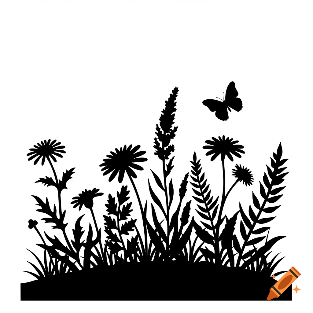 Black silhouette of wildflowers, leaves, and a butterfly on a white background.