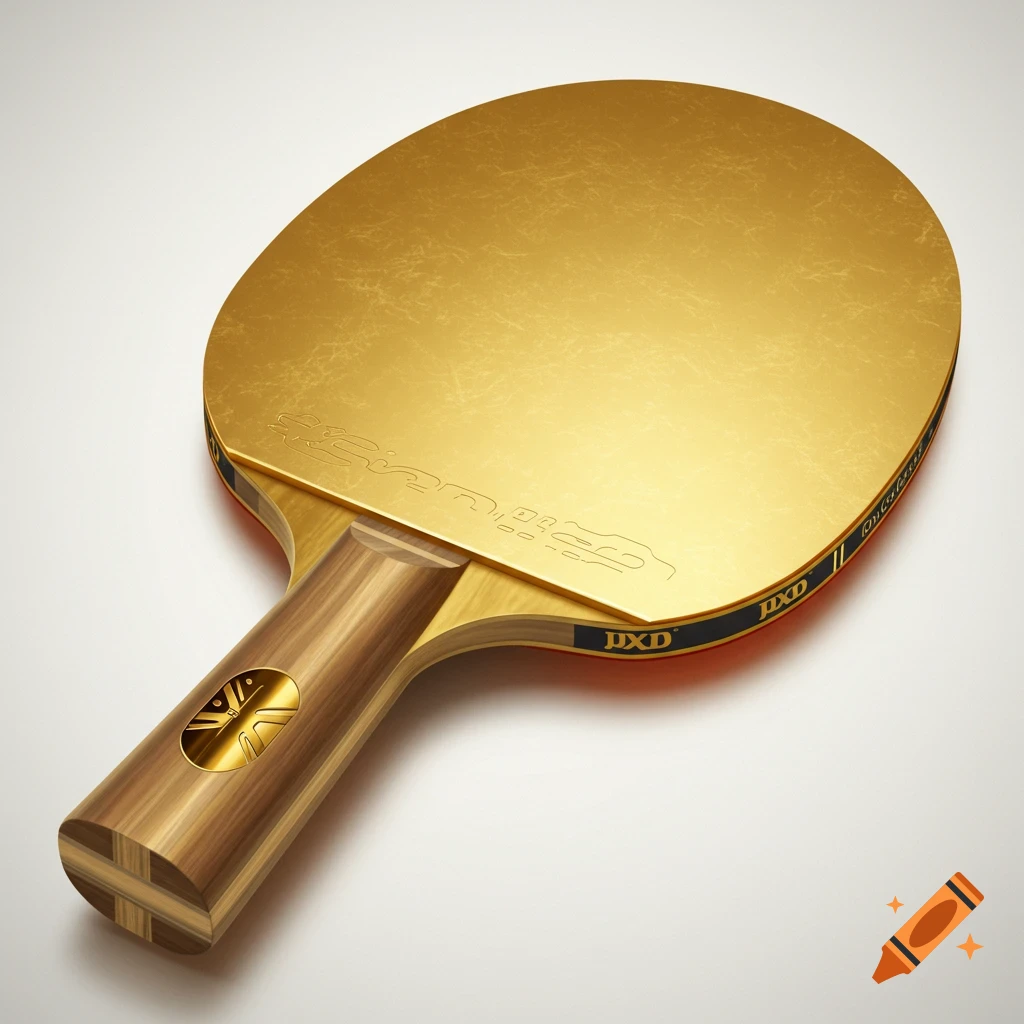 A shiny gold table tennis bat with a wooden handle on a white background.