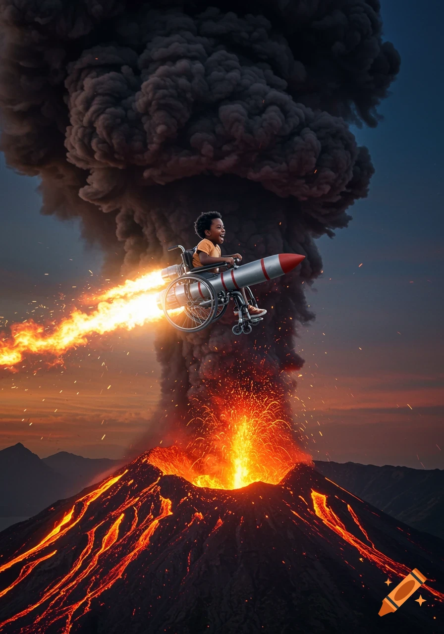 A joyful black child in a rocket-powered wheelchair flies over an erupting volcano at sunset.