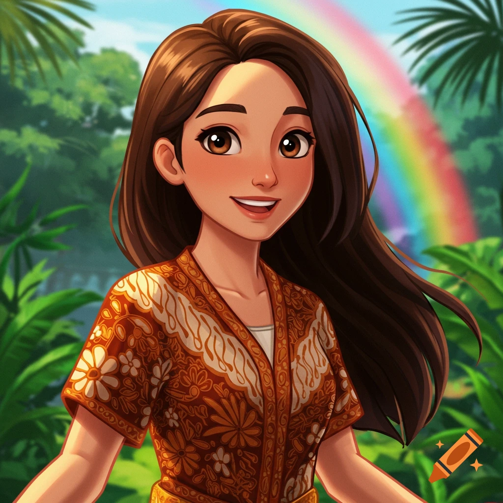 Animated portrait of a smiling woman with long brown hair, wearing a patterned brown top, in a lush jungle with a rainbow.