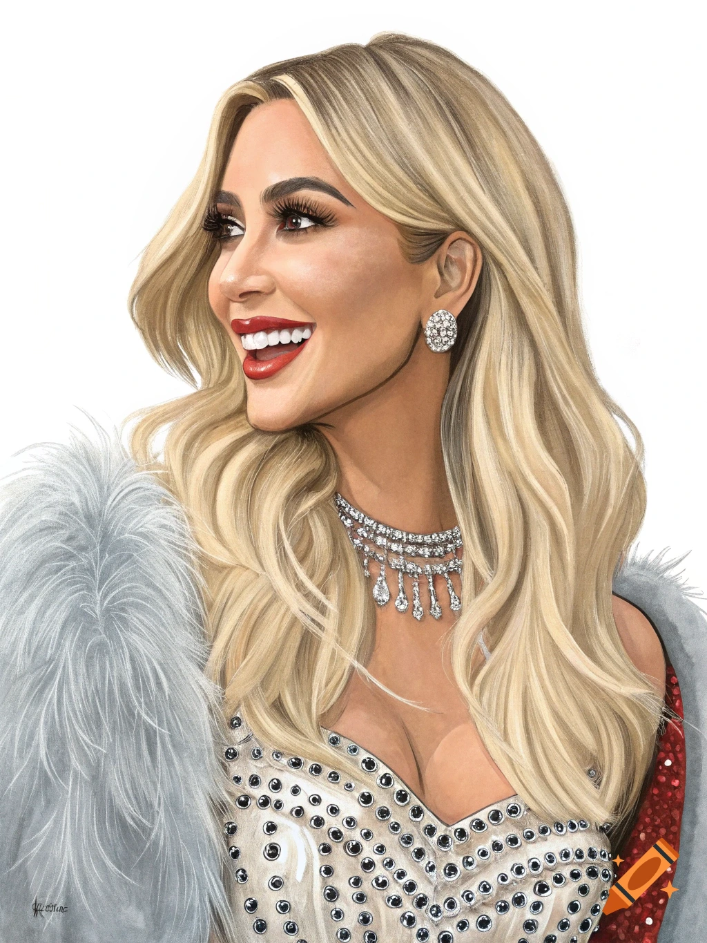 Illustration of a smiling blonde woman with red lipstick, wearing a fur stole and diamond jewelry.