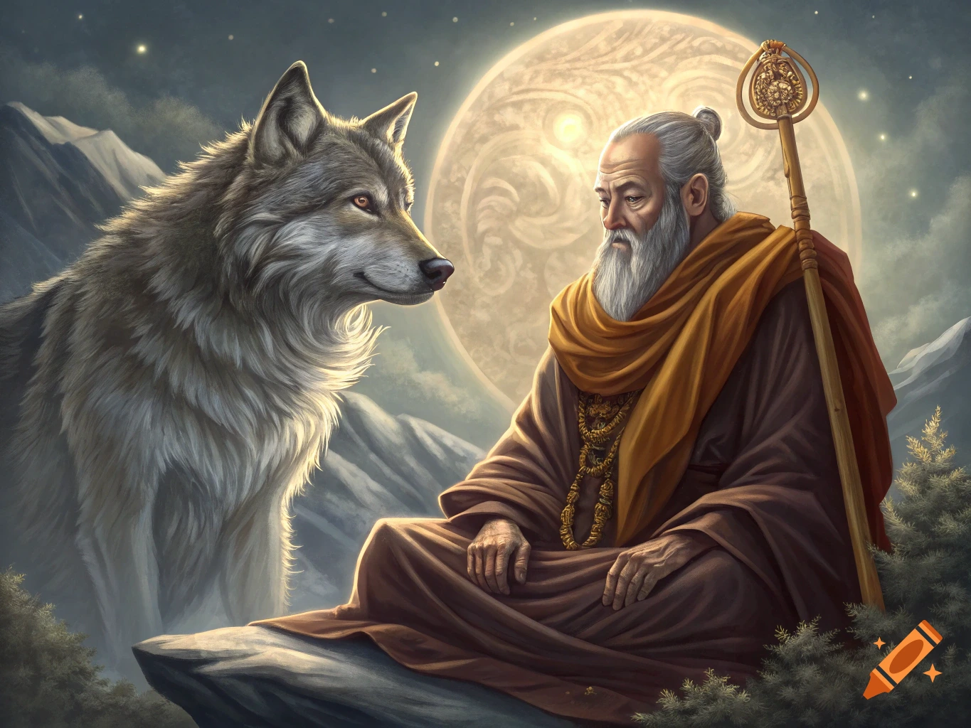 A wise old man in robes sits across from a majestic grey wolf under a glowing full moon in a mountain landscape.