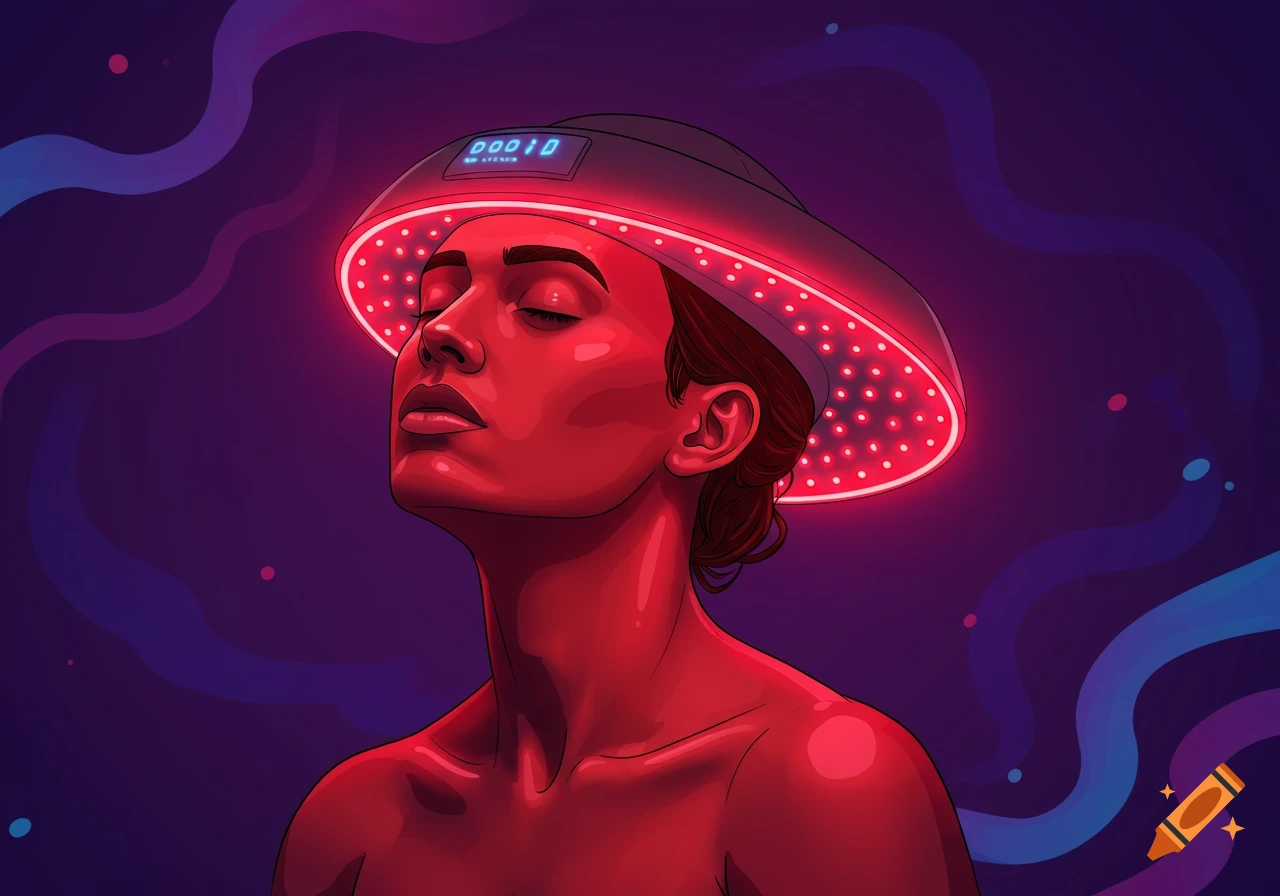 An illustration of a person's head and bare shoulders, illuminated in red, wearing a red light therapy hat against a dark purple background.