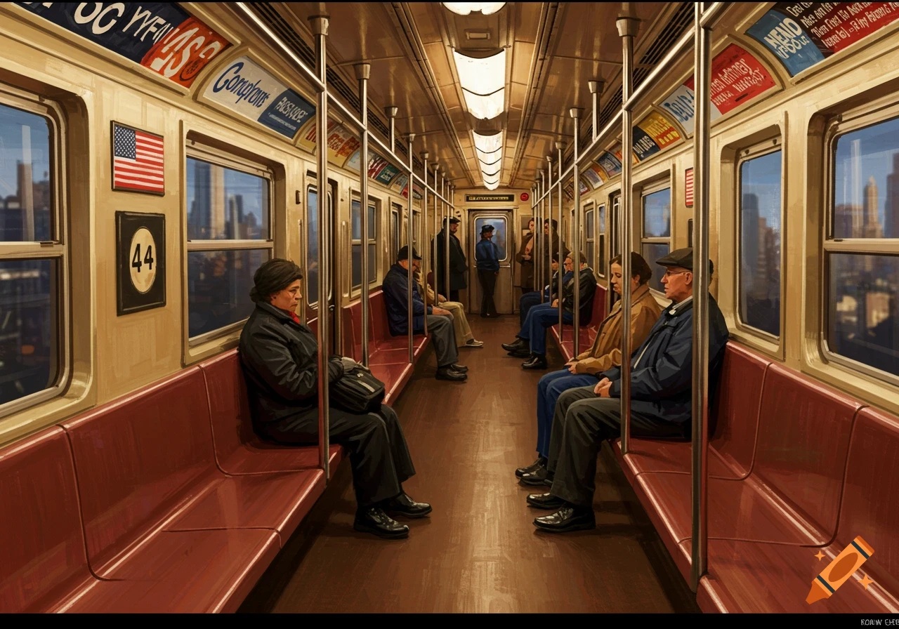 A detailed, painterly view of a vintage New York subway car interior with passengers seated on red benches, looking out windows or forward.