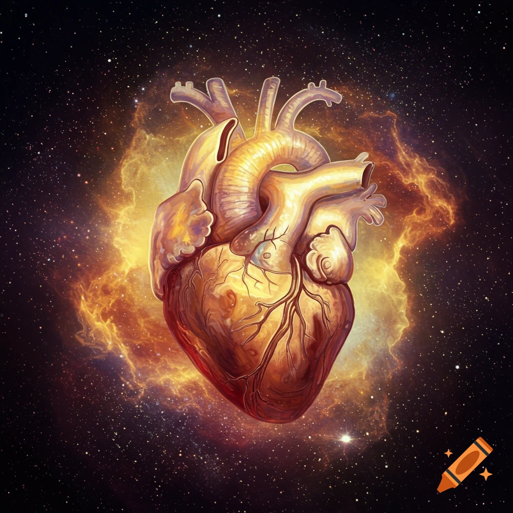A stylized anatomical heart glows with warm light against a starry, colorful nebula in deep space.