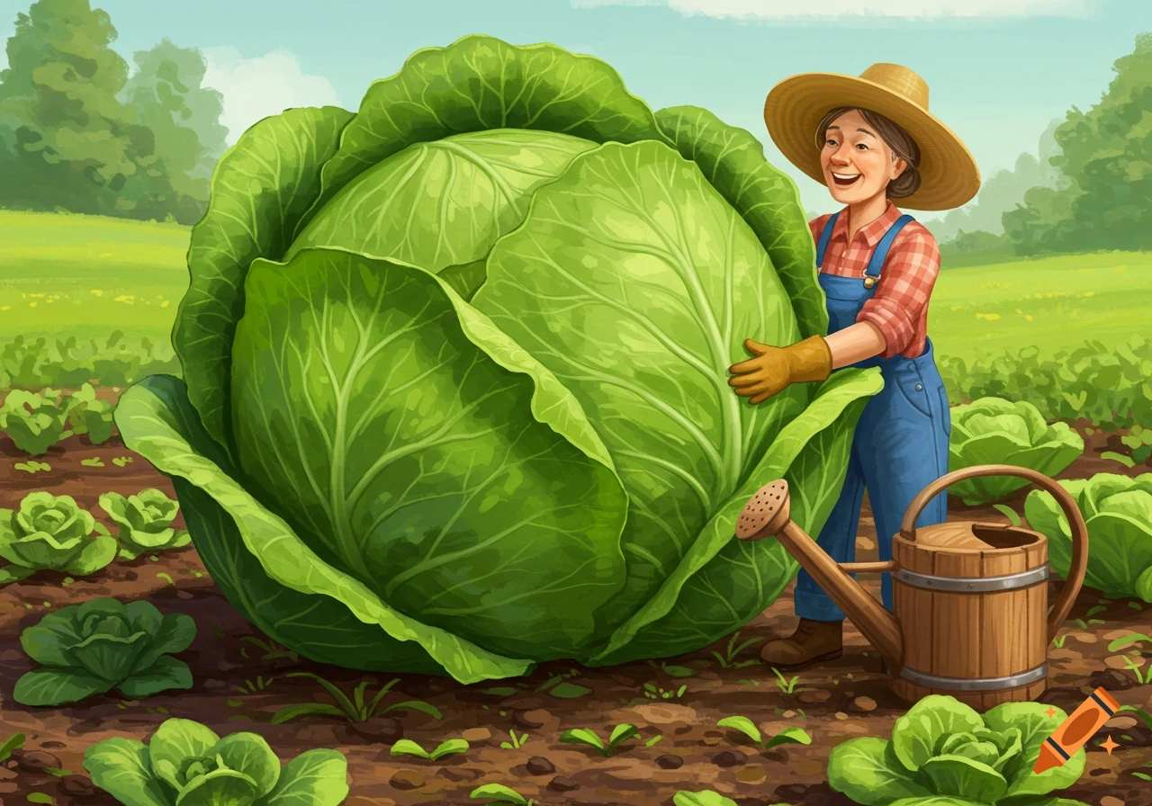 A smiling farmer in a hat and overalls embraces a giant green cabbage in a vibrant garden, in an illustration style.