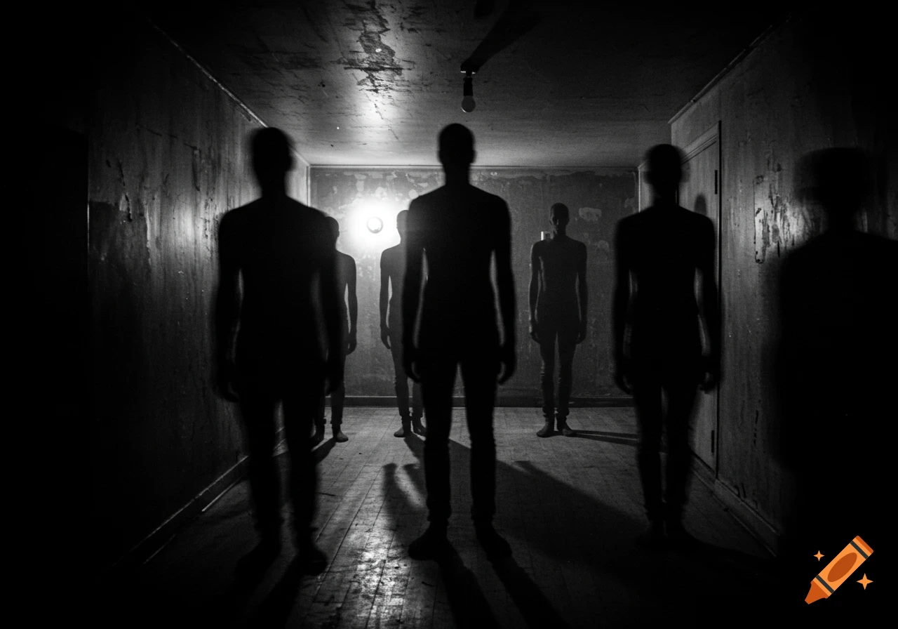 Shadowy figures stand in a dark, dimly lit hallway in a black and white, old photo style.
