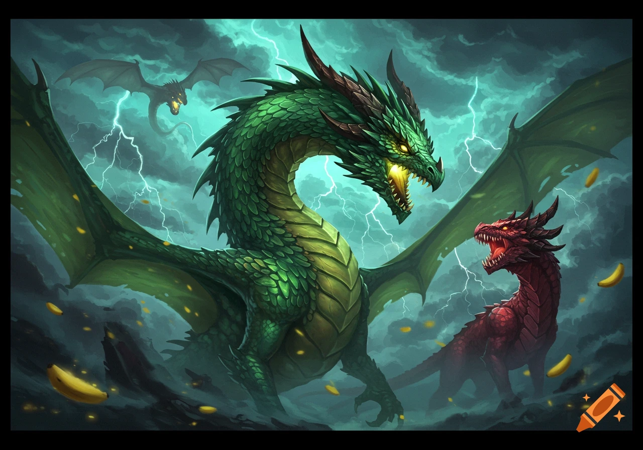 A large green dragon with glowing eyes confronts a smaller red dragon amidst a stormy, lightning-filled sky, with bananas floating around.