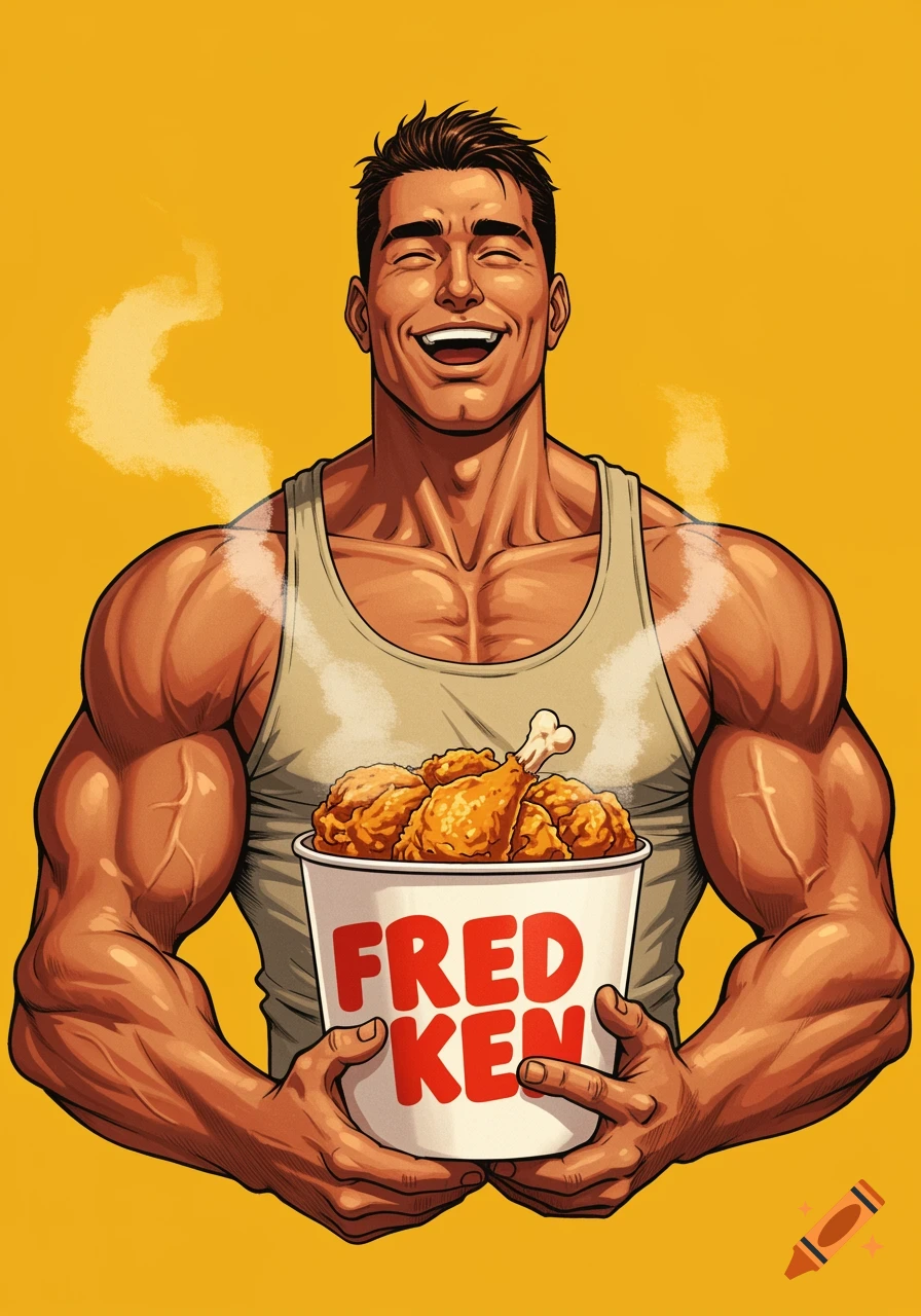 Smiling muscular man holding a steaming bucket of fried chicken, illustration.