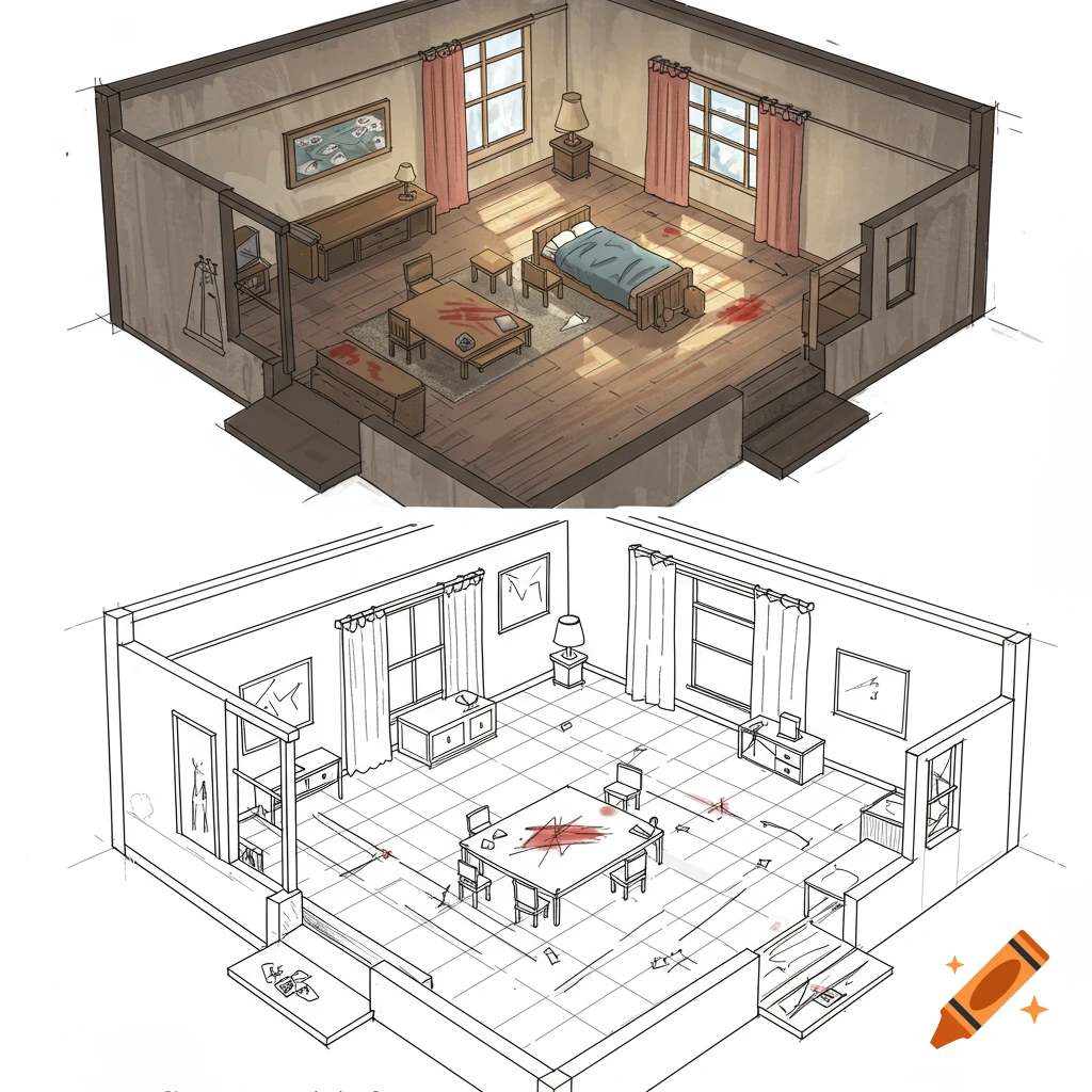 An isometric illustration depicting a bedroom and living space arranged as a crime scene, with blood splatters on the floor and furniture, shown above a rough sketch of the same room with crime scene notations.