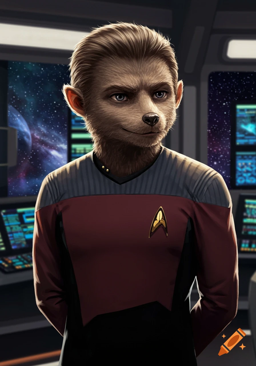An anthropomorphic echidna in a Star Trek uniform stands on a starship bridge, with a view of space.