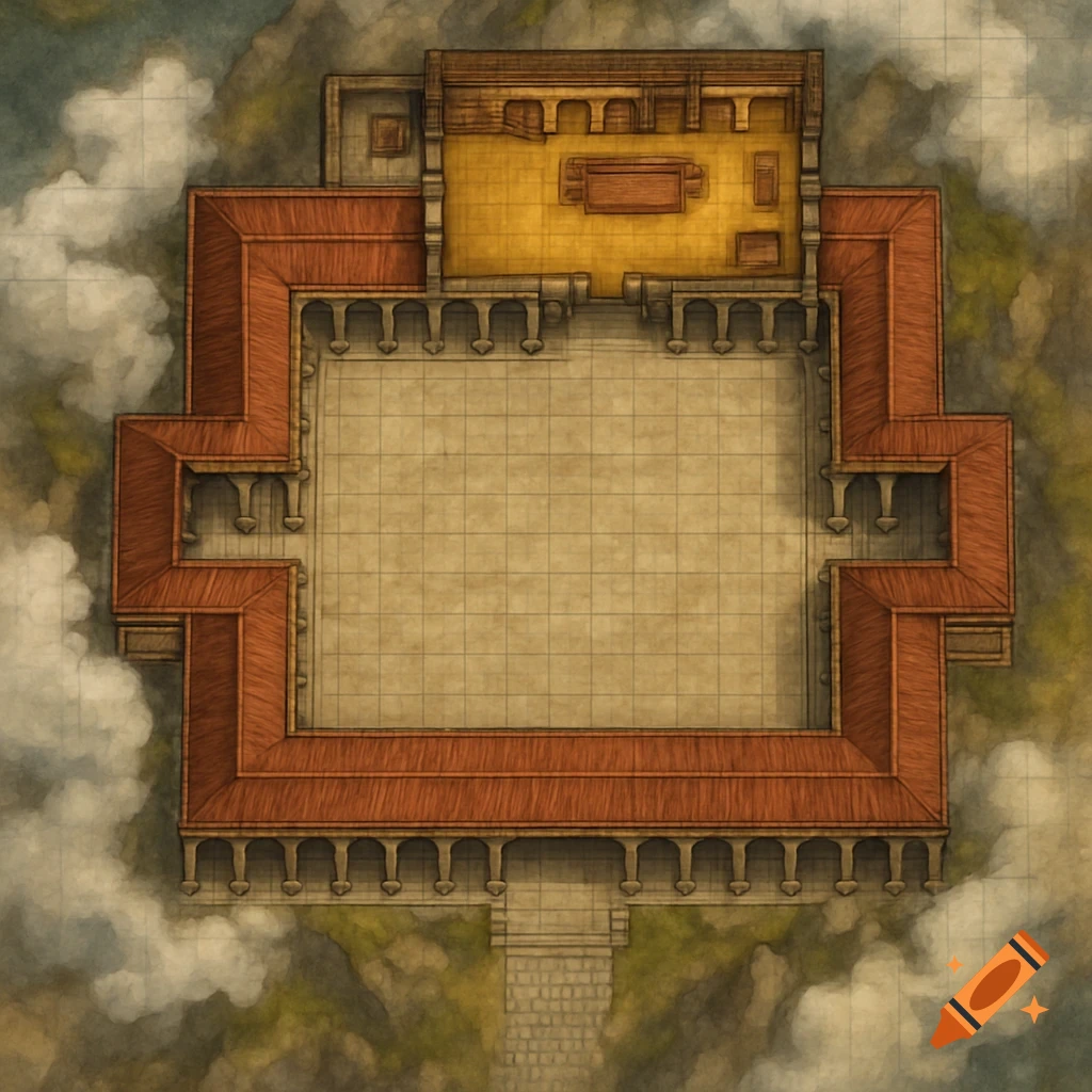 An overhead view of a gridded D&D map depicting Zeus' palace on Mount Olympus, featuring a large courtyard, red-tiled roofs, and a golden central hall.