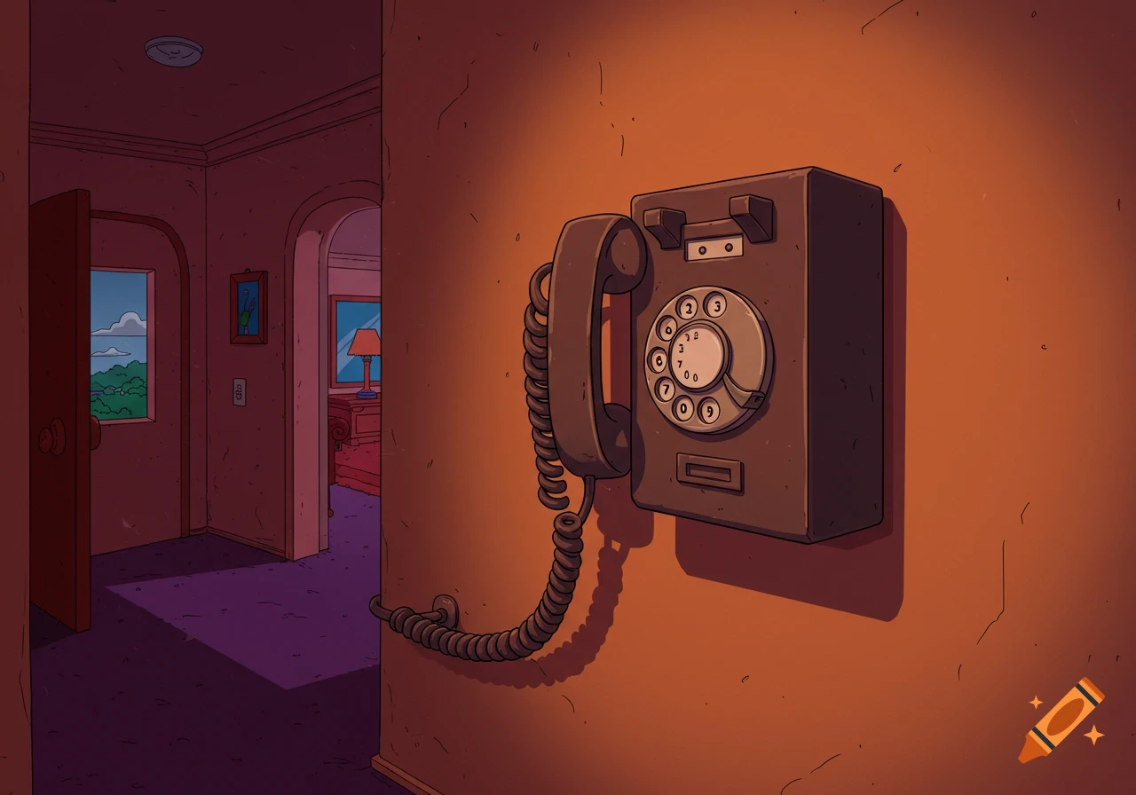 A cartoon-style image of an old rotary phone mounted on a reddish wall in a hallway, with a door and rooms visible in the background.
