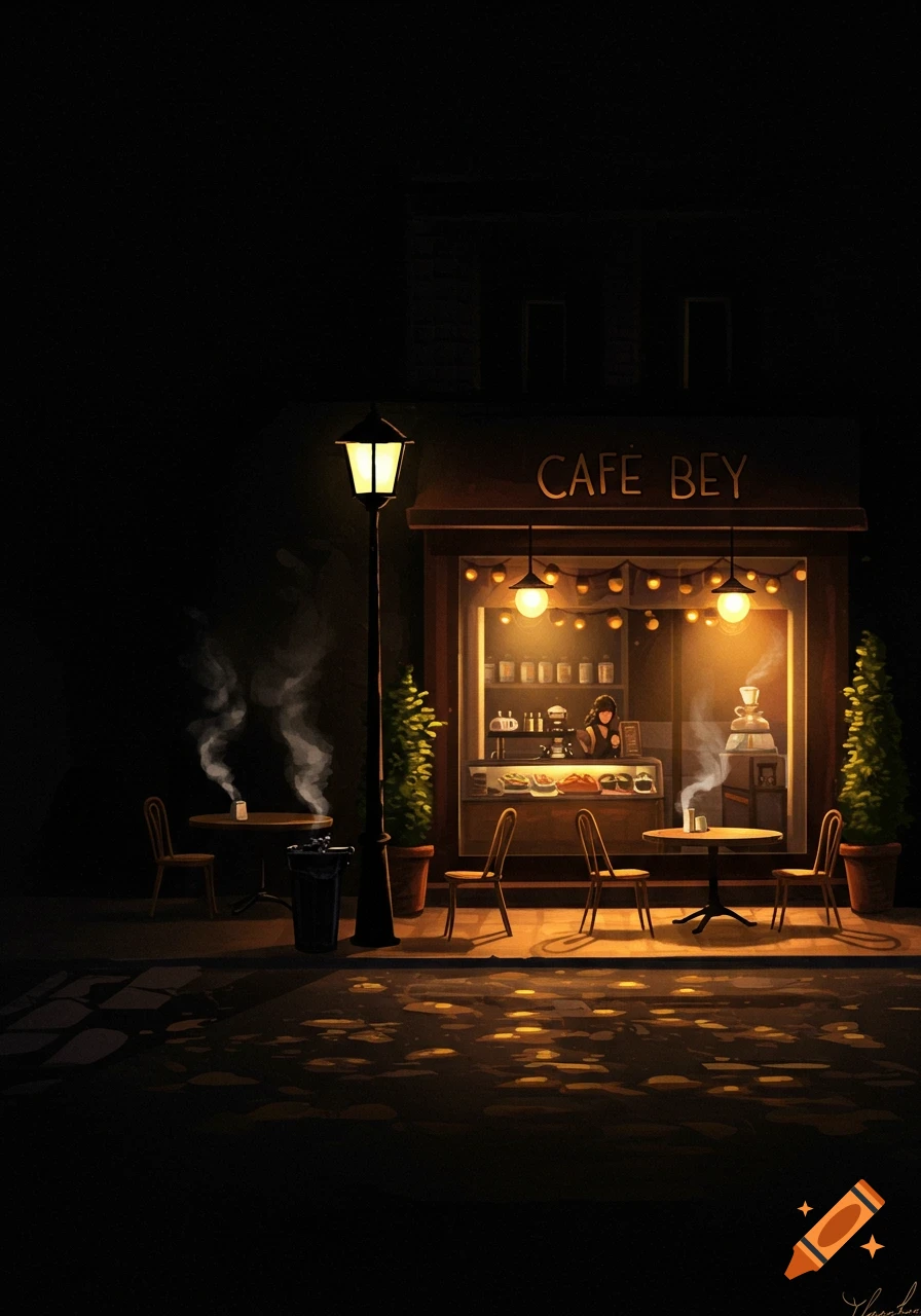 An illustrative night scene of a glowing cafe with outdoor seating and a street lamp illuminating the wet ground.
