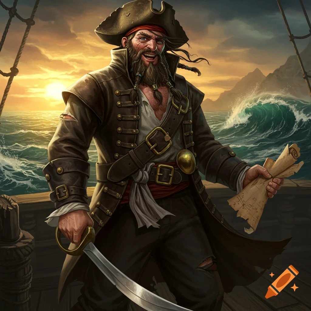 A fierce pirate with a beard and a tri-corner hat stands on a ship deck ...