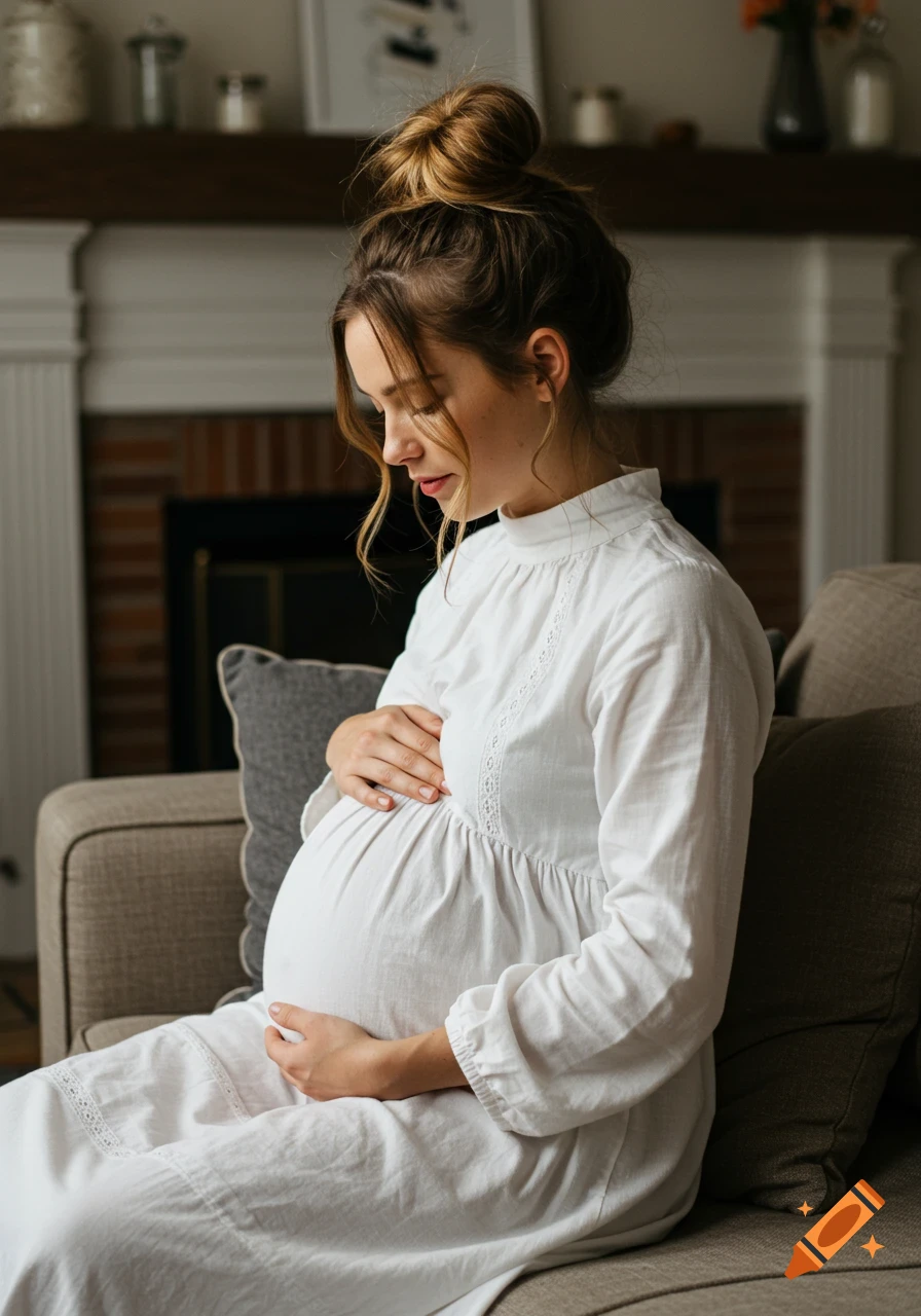 A pregnant woman with her hair in a messy bun sits on a couch, gently holding her belly. She wears a white dress with a high neckline.