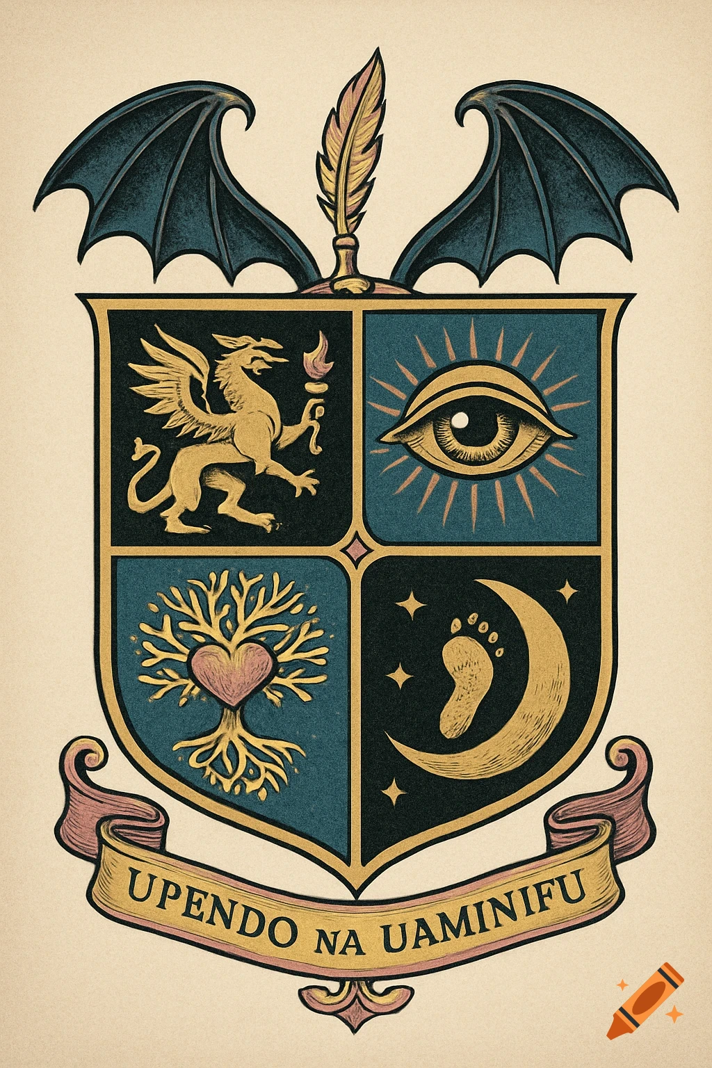 A colorful family crest with a griffin, an all-seeing eye, a heart-shaped tree, and a moon with a human footprint, all beneath bat wings and a quill, with a banner reading "UPENDO NA UAMINIFU" below.