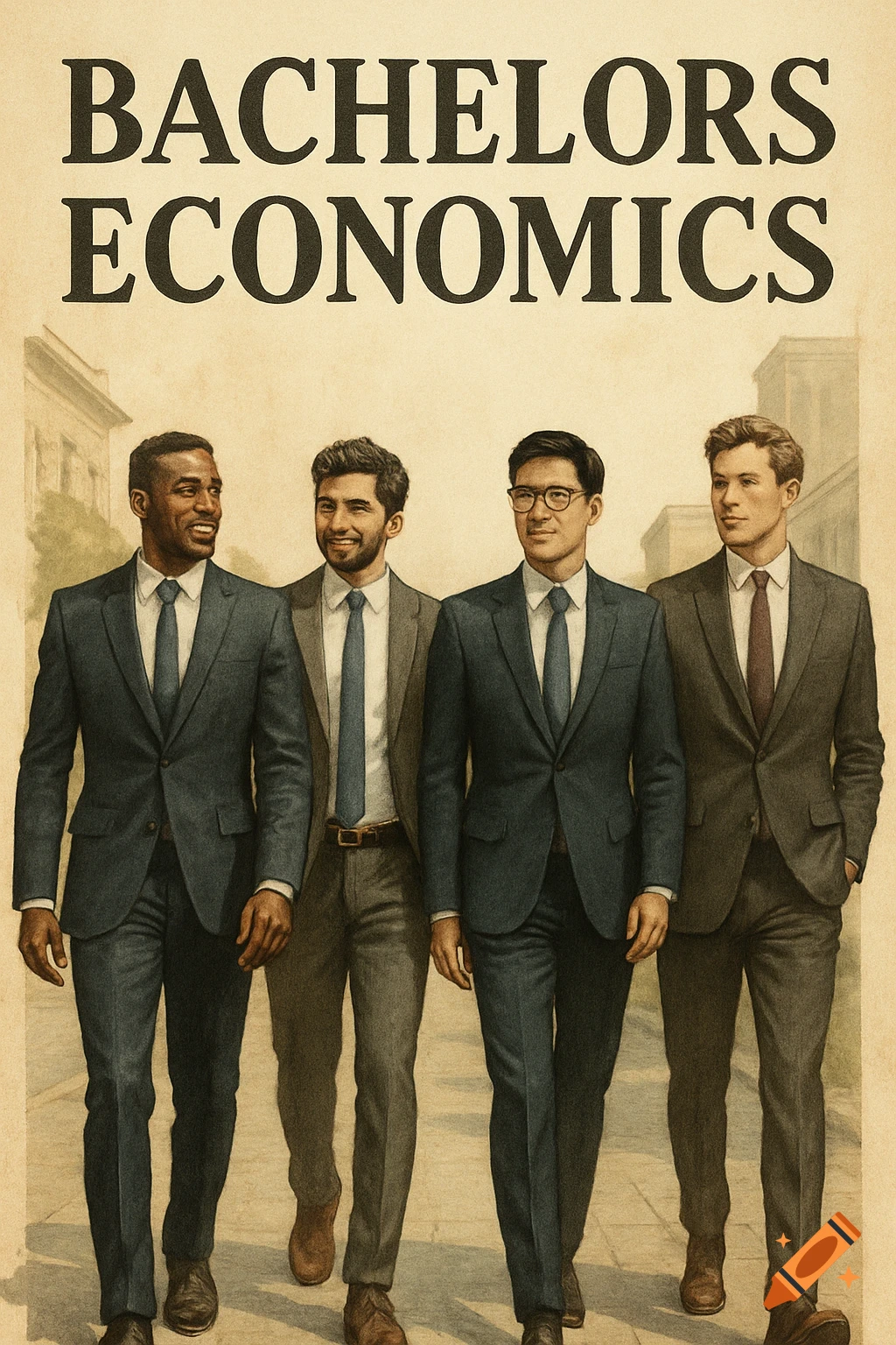 Illustrated vintage poster of four diverse young men in suits walking, with 'Bachelors Economics' title.