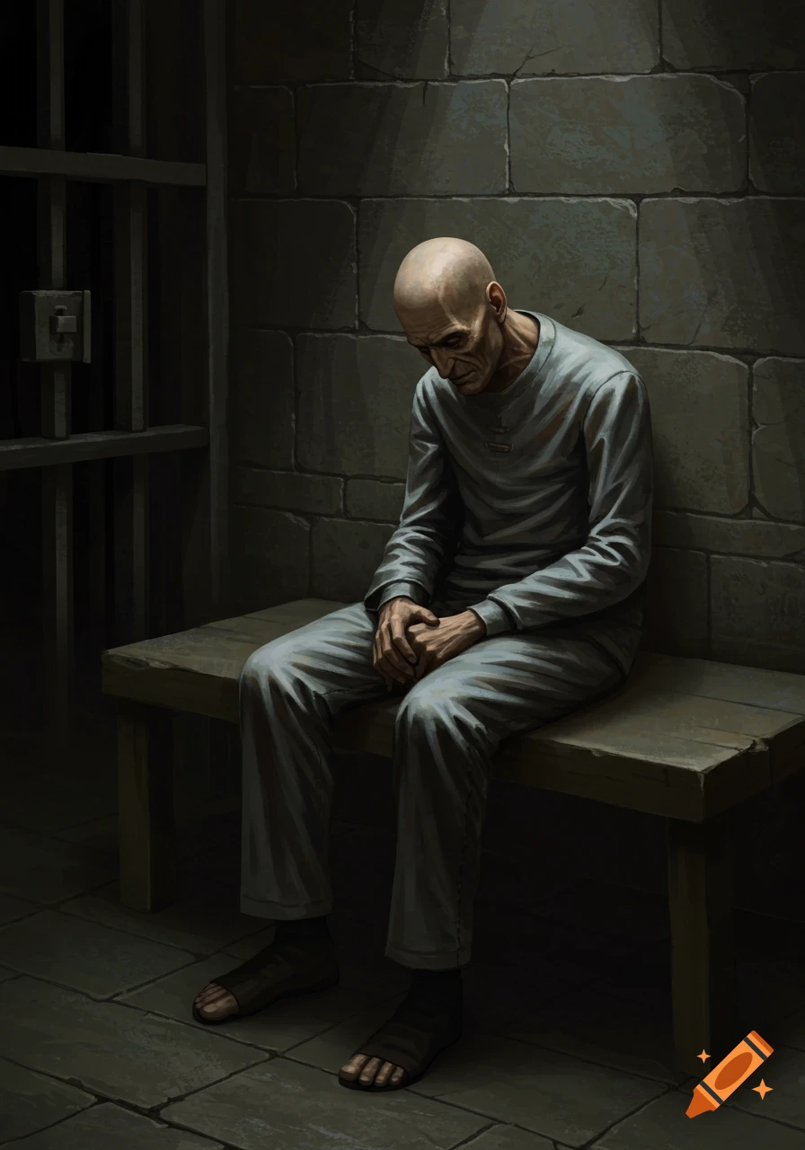Bald, gaunt man in gray uniform sits on a wooden bench in a dark prison cell, head bowed, conveying solitude.