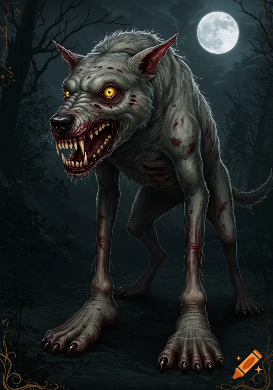 A terrifying, blood-splattered monster resembling a dog with human feet and glowing yellow eyes stands in a dark forest under a full moon.