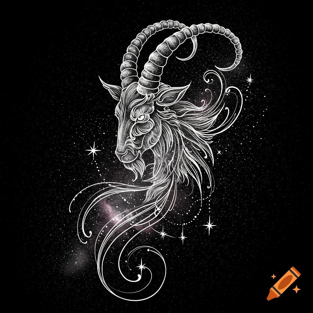 Stylized white outline illustration of a Capricorn goat's head against a starry cosmic background.