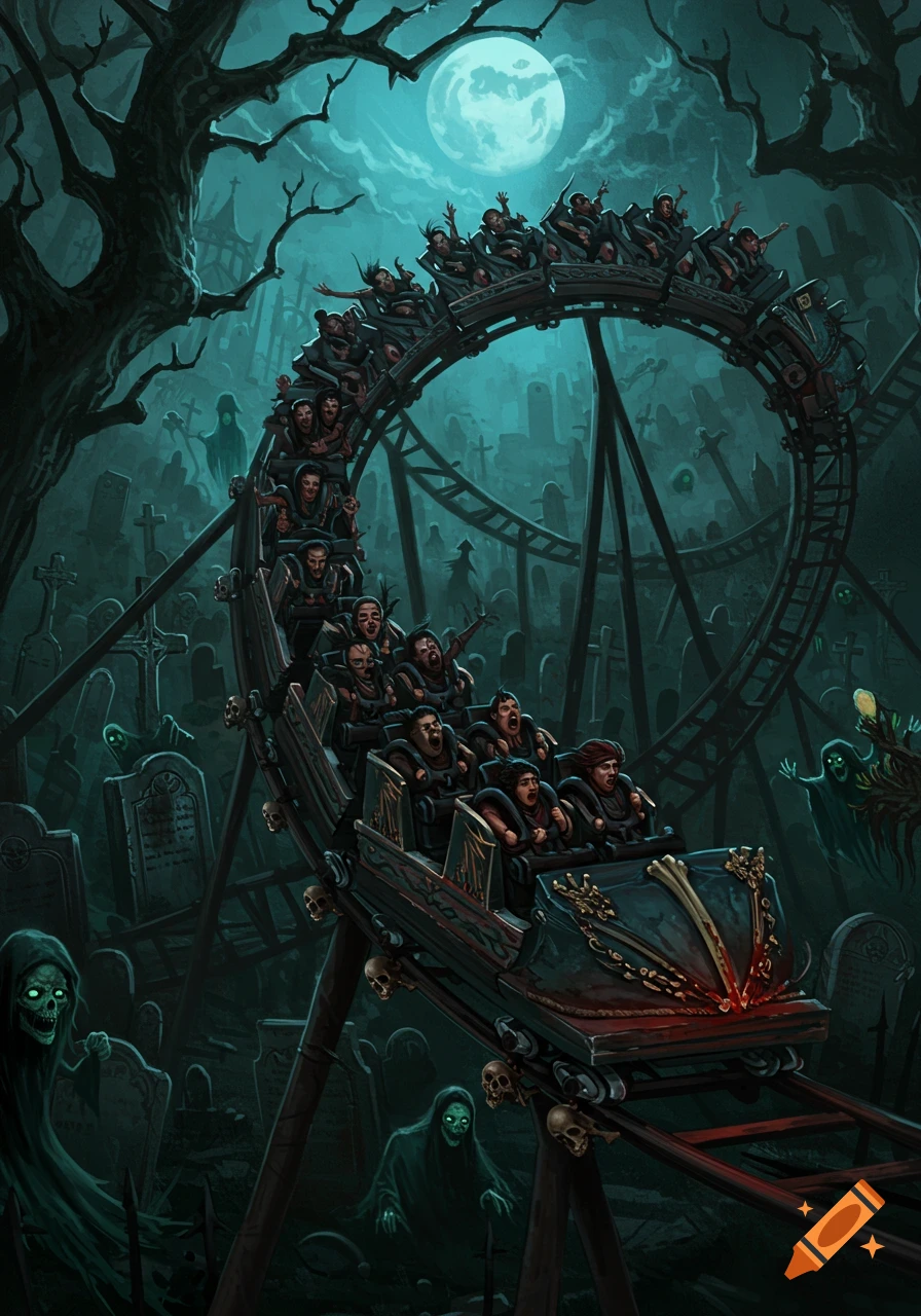 A dark, illustrative rollercoaster full of screaming riders in a moonlit graveyard with ghosts and ghouls.