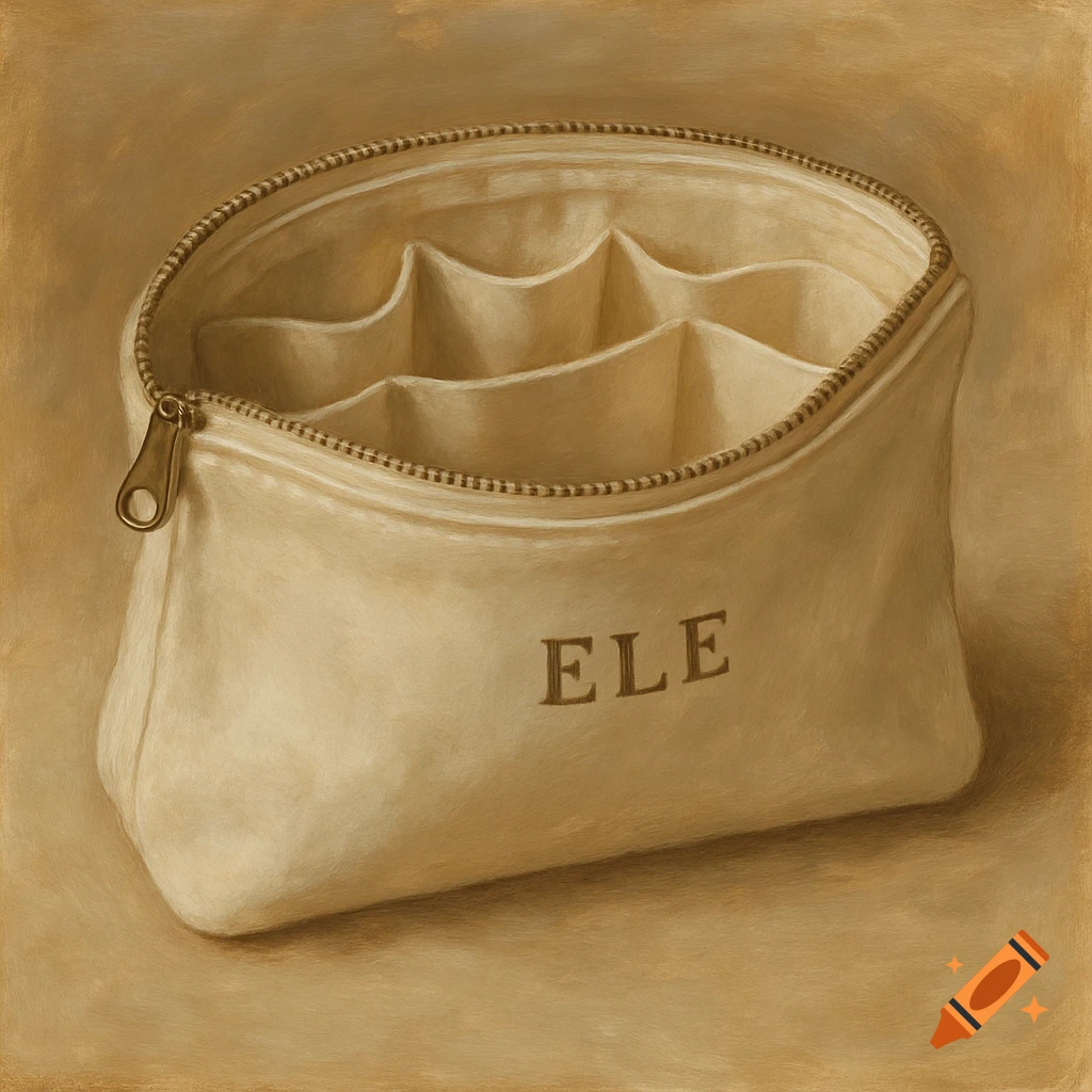 A cream-colored bag with an open zipper, internal compartments, and 'ELE' text on the side, in a painted style.