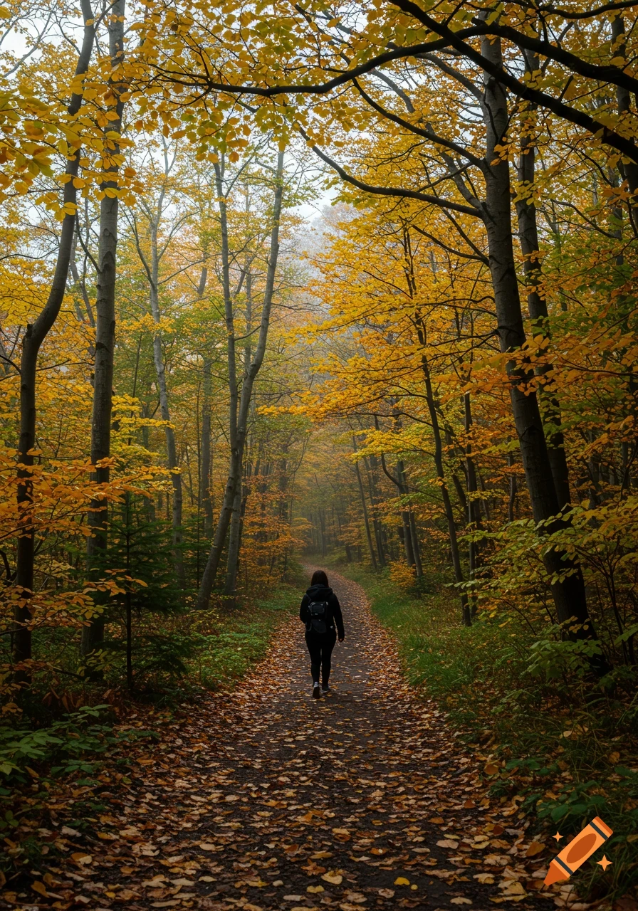 A person walks on a leaf-covered path through a foggy autumn forest with yellow trees.