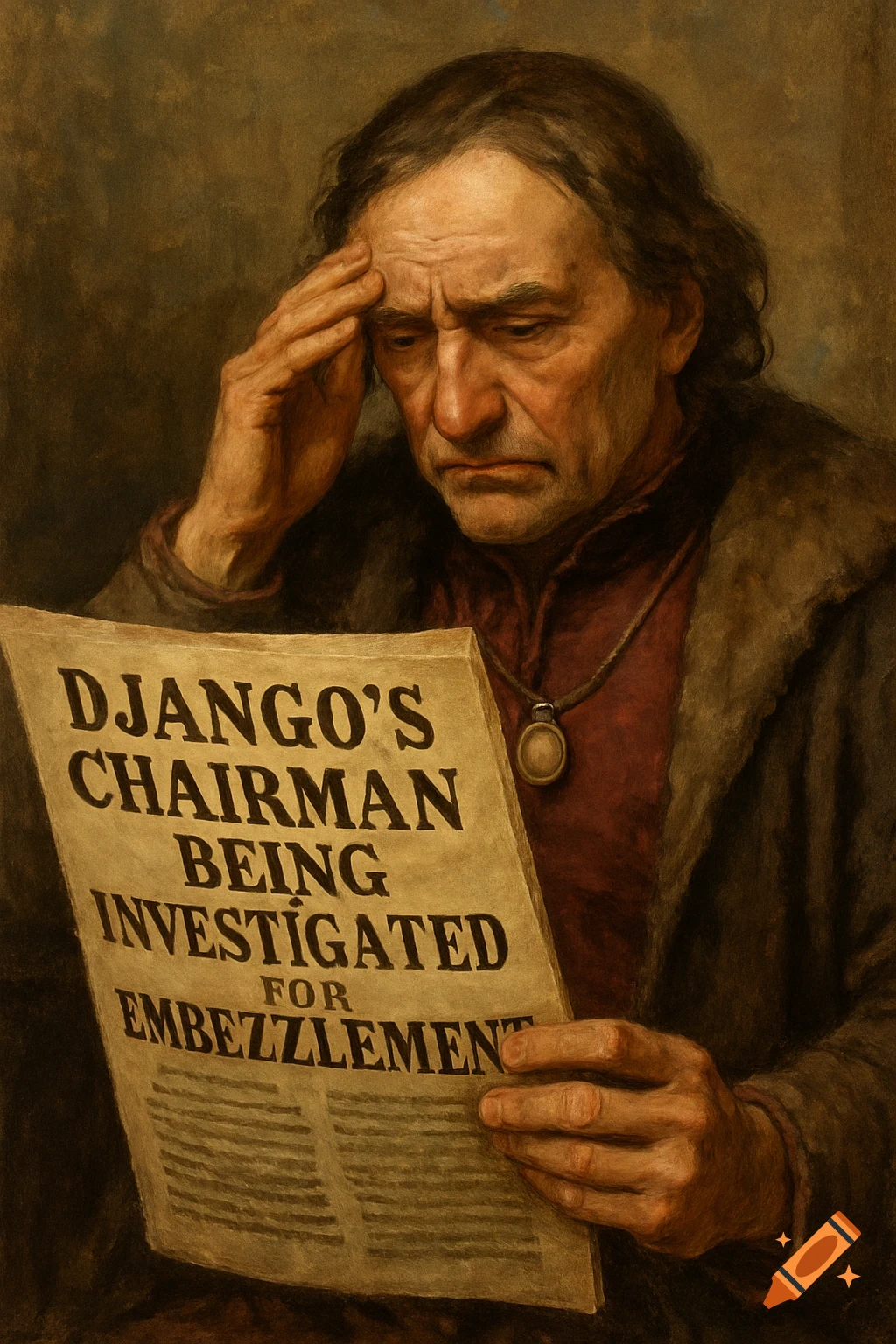 A man in a classical painting style, looking troubled, reads a newspaper about embezzlement.
