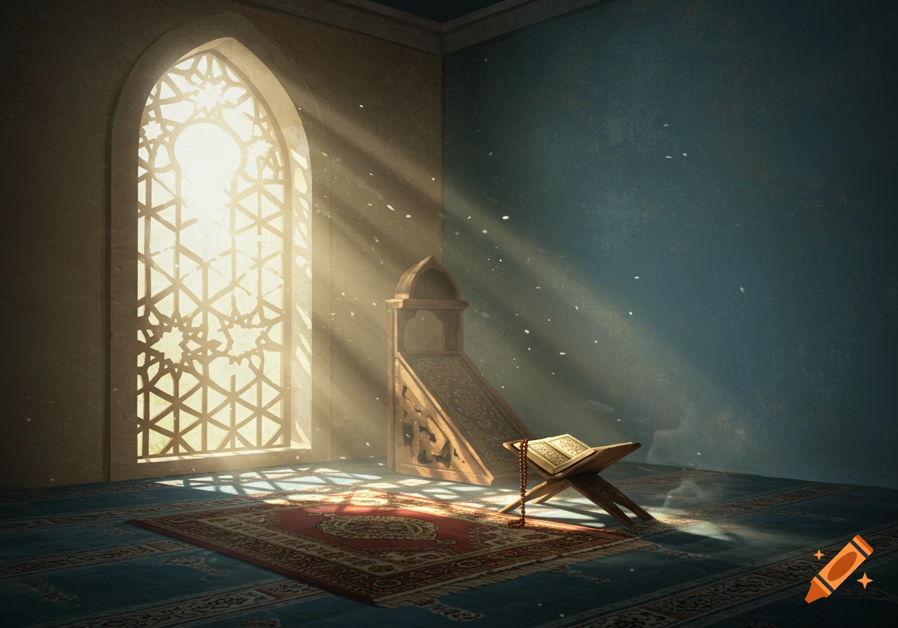 Sunlit prayer room with a book on a stand, prayer rug, and light filtering through an arched, patterned window.