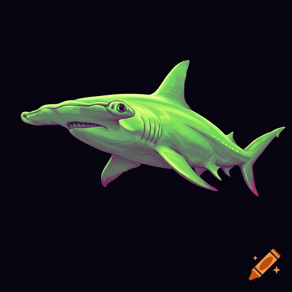 A bright neon green and pink hammerhead shark illustration against a black background.