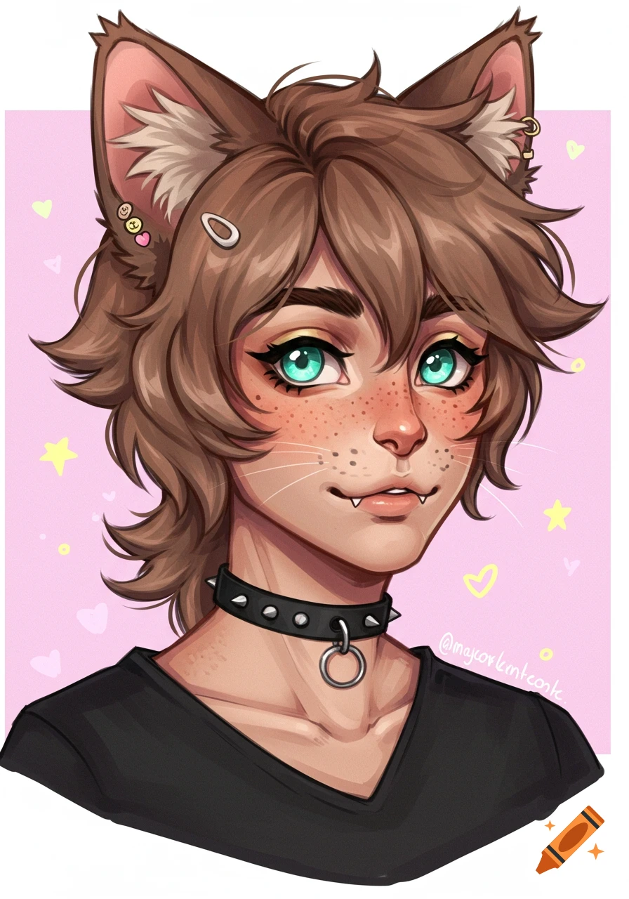 A stylized anime-style portrait of a person with brown hair, cat ears, and teal eyes, wearing a black shirt and spiked choker.