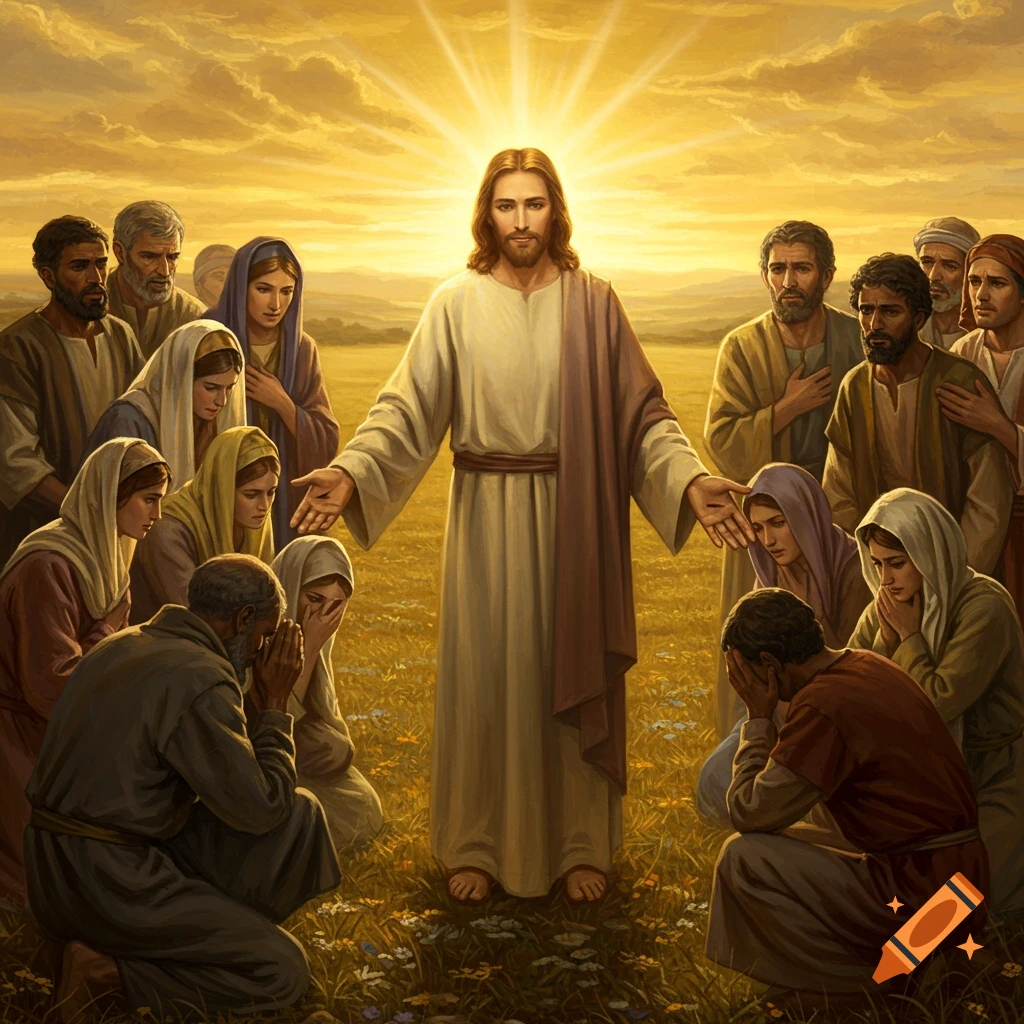 Jesus Christ with open arms, glowing with light, surrounded by a crowd of people kneeling in a golden field under a bright sky, in a religious art style.