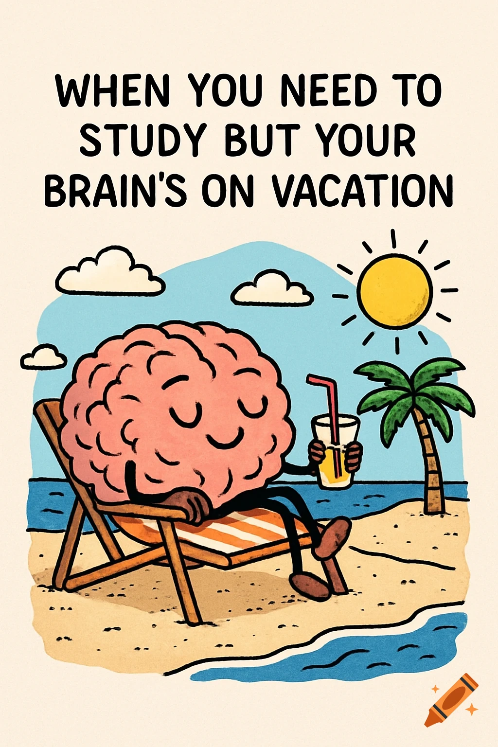 Cartoon illustration of a pink brain with a face relaxing on a beach chair, holding a drink under a palm tree. Text reads: 'WHEN YOU NEED TO STUDY BUT YOUR BRAIN'S ON VACATION.'