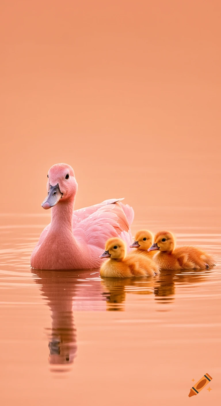 A photorealistic pink duck with three yellow ducklings swimming in peachy water.