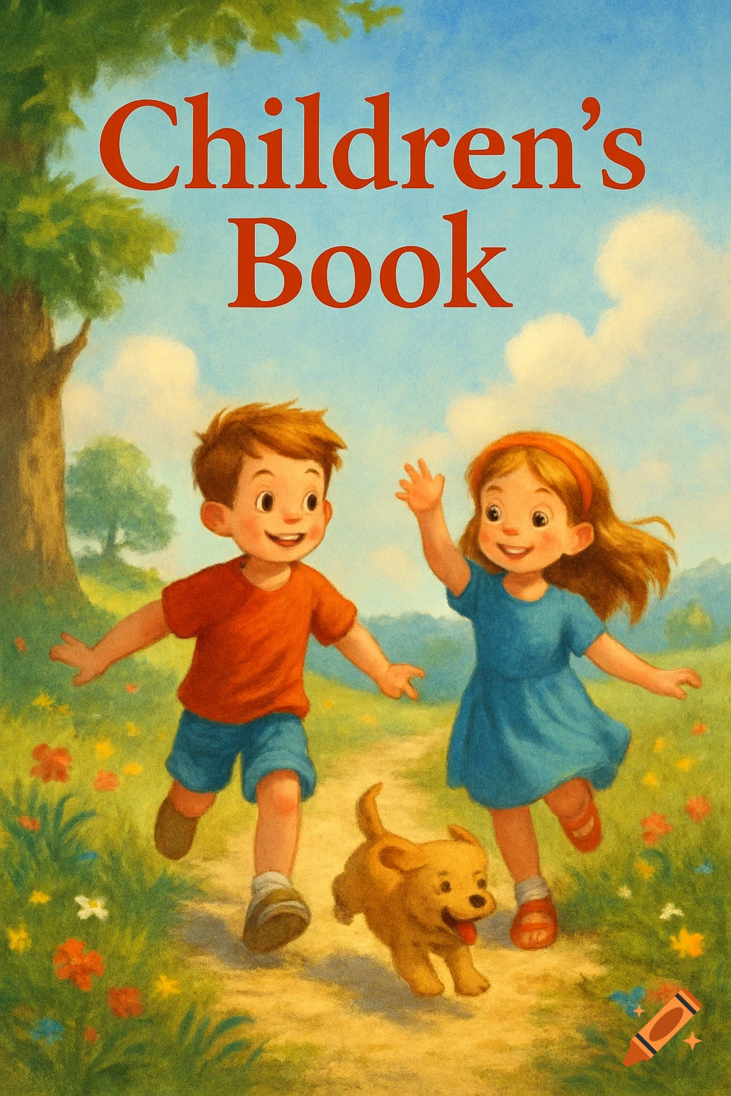 An illustration of two happy children and a dog running on a path under a tree, with 'Children's Book' title.