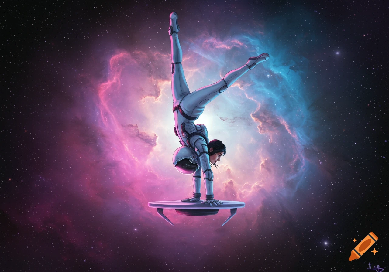 An astronaut in a white suit performs a handstand on a small platform in space, surrounded by vibrant pink and blue nebulae.