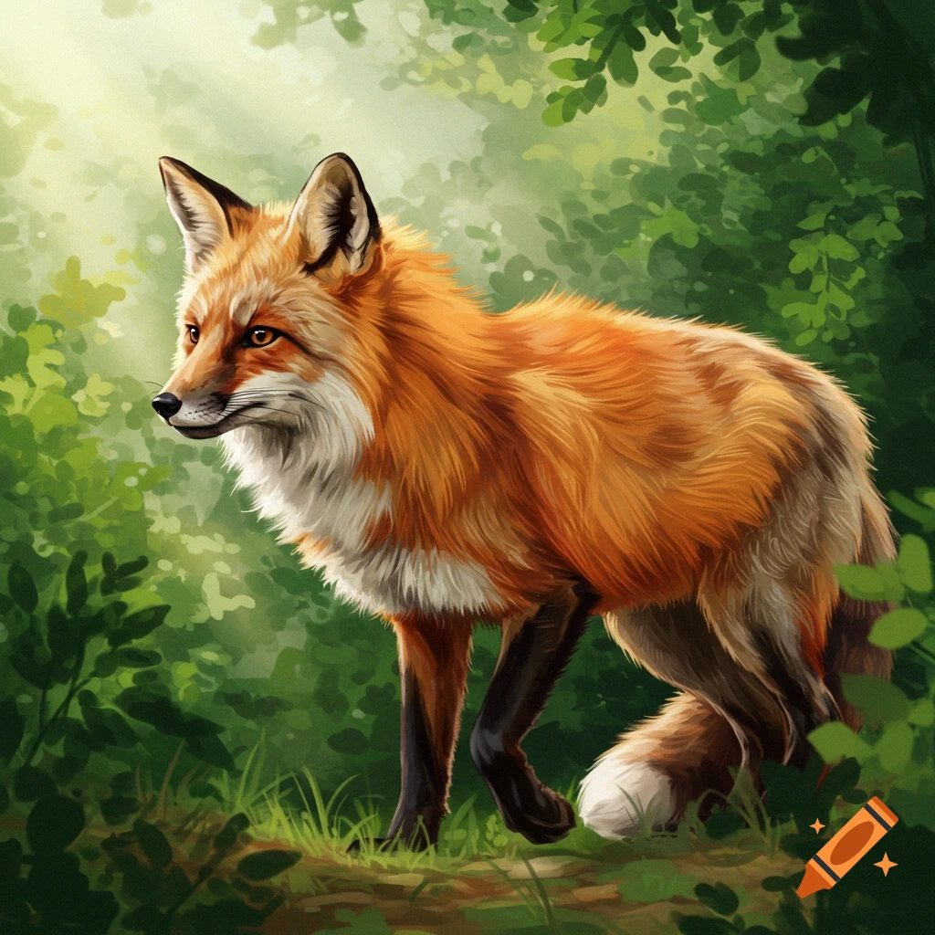 A vibrant red fox stands in a lush green forest with sunlight filtering through the trees, rendered in a detailed digital art style.