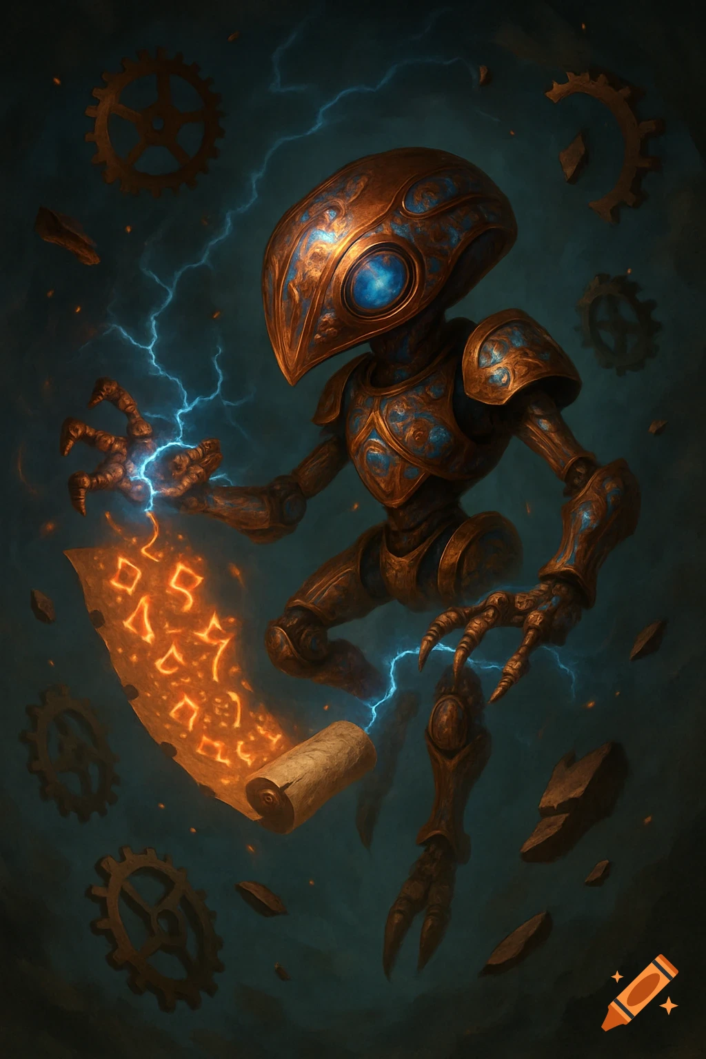 A stylized copper and blue robot-like creature hovers, arcane energy crackling between its hands as it unravels a scroll into fiery, glowing symbols. Gears and broken artifacts float around it in a dark, mystical setting.