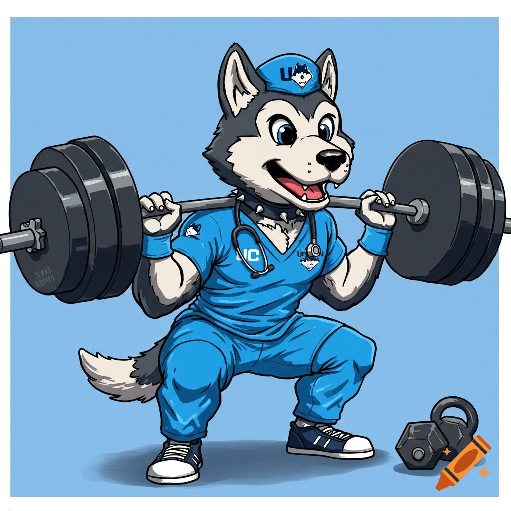 A cartoon husky mascot wearing blue doctor scrubs and a stethoscope squats with a heavy barbell on its shoulders.