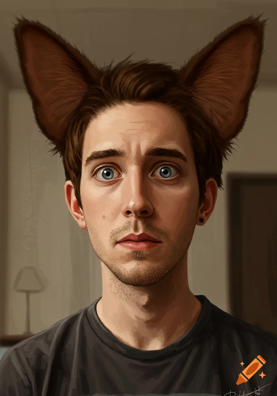 Painterly portrait of a man with large brown cat ears, looking surprised with wide blue eyes.