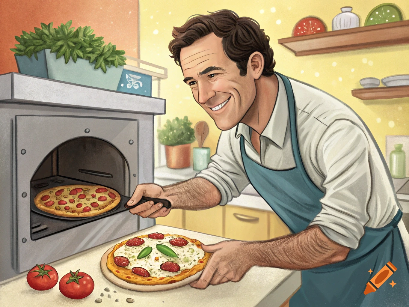 A smiling cartoon man in an apron pulls a pizza from an oven, with another pizza and tomatoes on the counter.