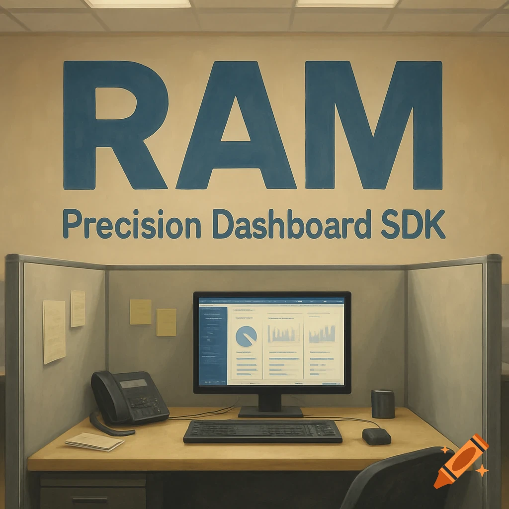 An office cubicle with a computer displaying charts, a desk phone, and a large sign on the wall reading 'RAM Precision Dashboard SDK'.