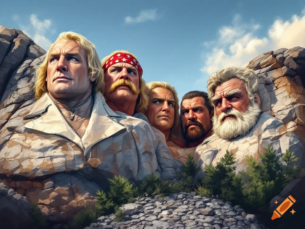 A stylized Mount Rushmore carving featuring the faces of four iconic wrestlers: Ric Flair, Hulk Hogan, Bruno Sammartino, and Lou Thesz, depicted in detailed stone against a blue sky.